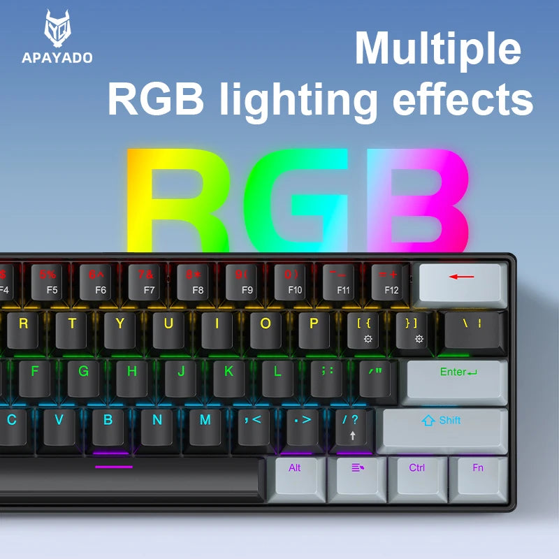 APAYADO K61 60% Mini Mechanical Keyboard 61 Keys Wired Type‑C RGB Backlit Blue Red Switch Full Key Rollover OME Height Keycap