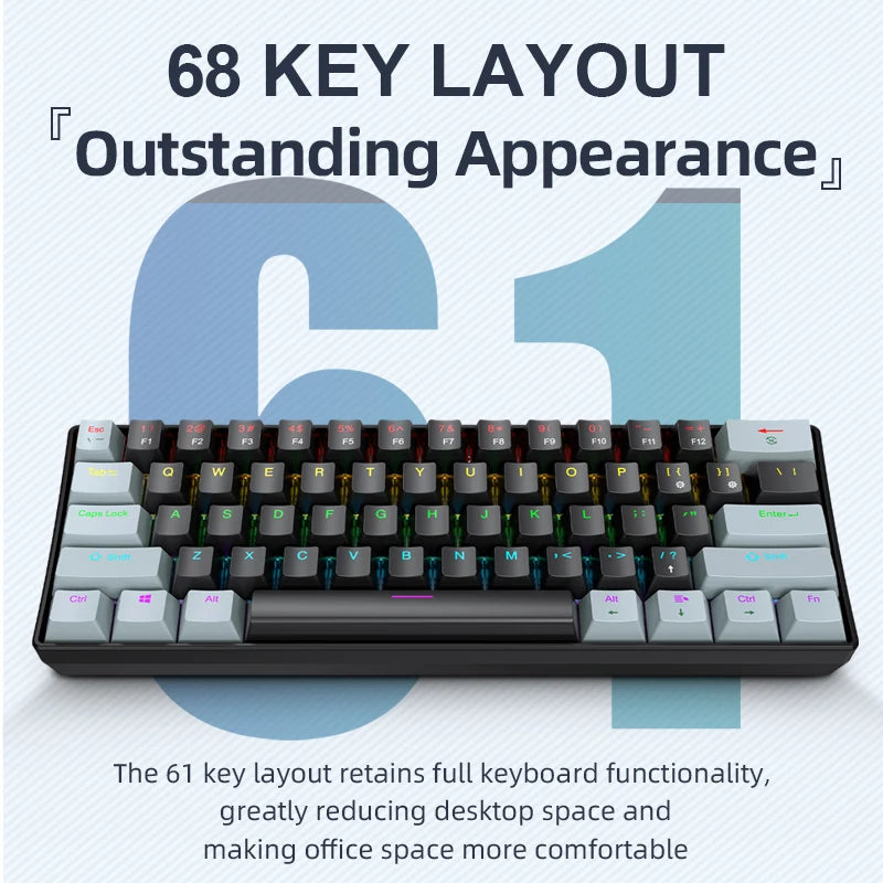 APAYADO K61 60% Mini Mechanical Keyboard 61 Keys Wired Type‑C RGB Backlit Blue Red Switch Full Key Rollover OME Height Keycap