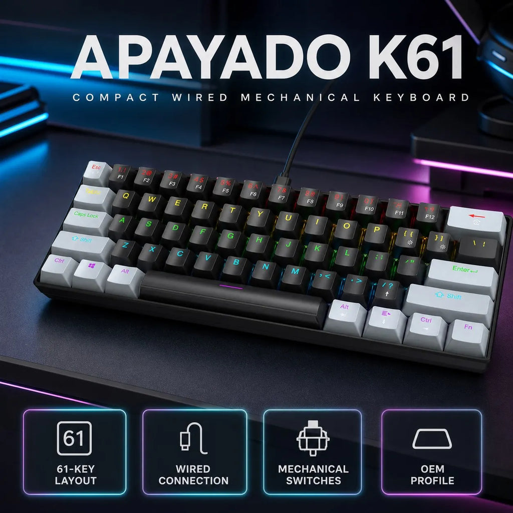 APAYADO K61 60% Mini Mechanical Keyboard 61 Keys Wired Type‑C RGB Backlit Blue Red Switch Full Key Rollover OME Height Keycap