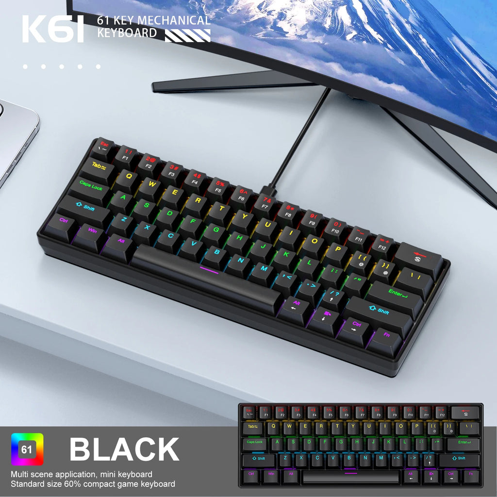 APAYADO K61 60% Mini Mechanical Keyboard 61 Keys Wired Type‑C RGB Backlit Blue Red Switch Full Key Rollover OME Height Keycap