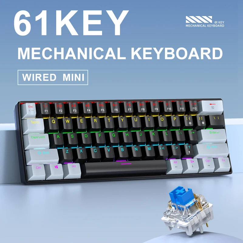 APAYADO K61 60% Mini Mechanical Keyboard 61 Keys Wired Type‑C RGB Backlit Blue Red Switch Full Key Rollover OME Height Keycap