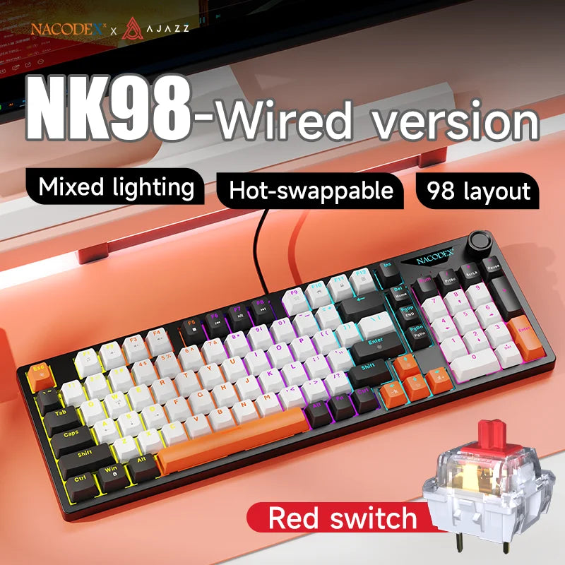 AJAZZ NK98 Wired Keyboard 98 LAYOUT Plug and Play Hull Structure Gamer ABS Translucent Keycaps for Laptop PC